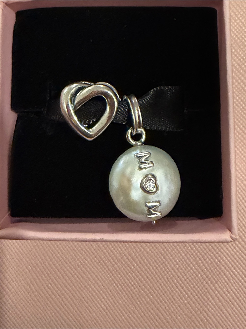Authentic Pandora pearl MOM and heart charm. Set of 2.